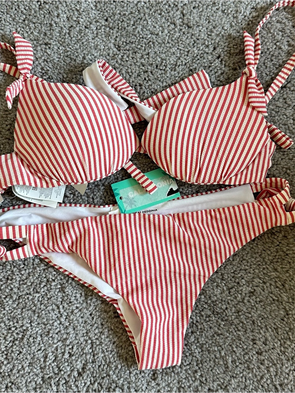 Red & White Striped Tie-Shoulder Bikini Set